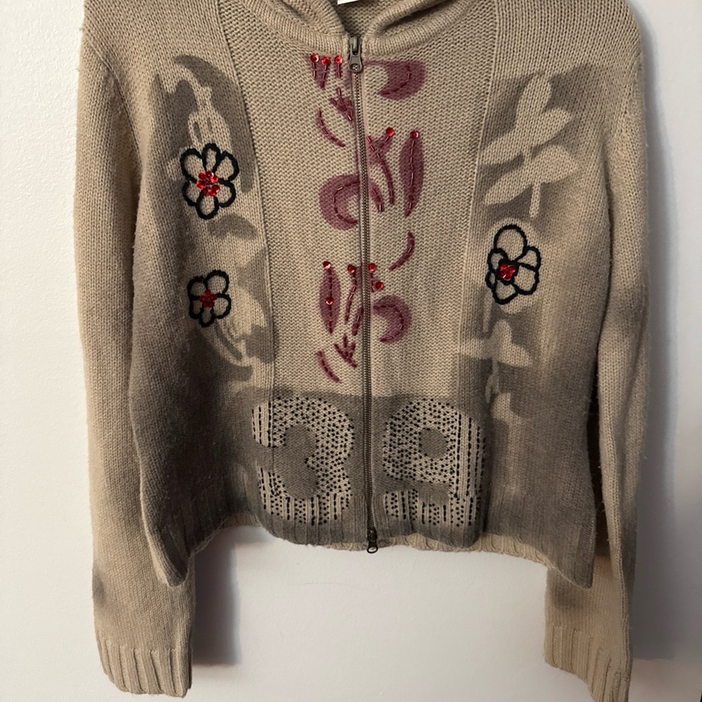 Vintage Klis Floral Beige Women's Sweater Made in Italy zip pullover hooded